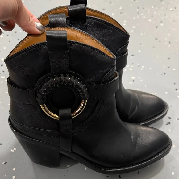 See By Chloe Black Ankle Boots with Gold Accent